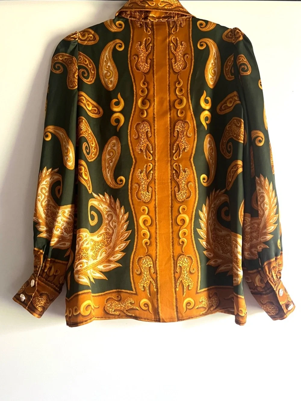 FARM Rio x Anthropologie Gold and Green Paisley Silk Blouse Size XXS NWT